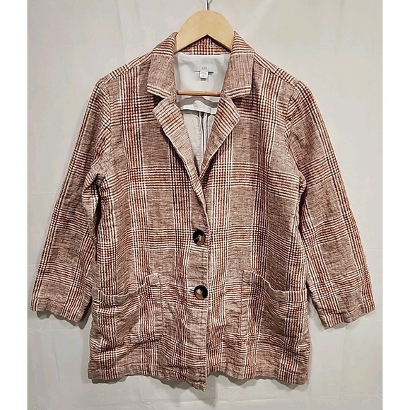 J. Jill Blazer Jacket Linen Cotton Plaid Harper Size‎ M Petite Brown Oversized - Picture 1 of 12